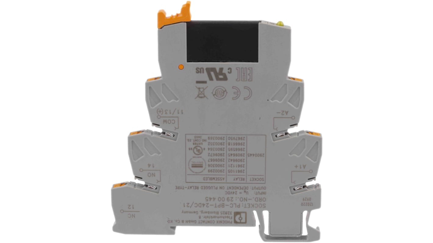 Modulo Relè di Interfaccia PLC-OPT 24DC/48DC/100 Phoenix Contact 2900352 per guida DIN NS 35/7,5. LED giallo, contatto N/o, 24V CC. Ideale per automazione e controllo.