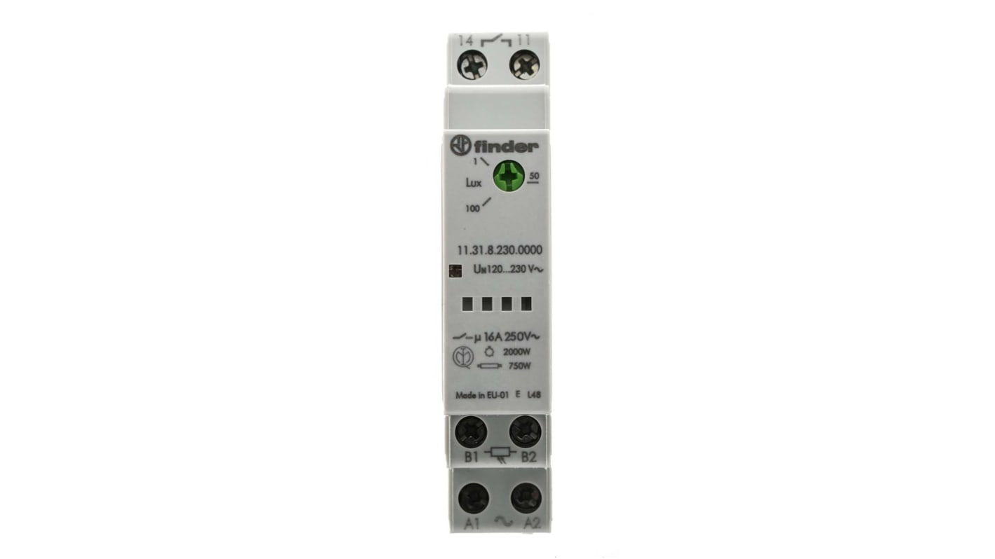 Finder 11.31.8.230.0000, pulsante temporizzatore unipolare 230 V, con sensore fotoelettrico e montaggio a pannello.