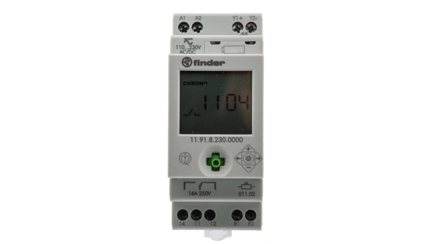 Finder 11.91.8.230.0000, pulsante temporizzatore SPDT con uscita ausiliaria, 230 V, dimensioni 60.8 x 35 mm.