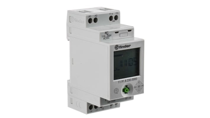 Finder 11.91.8.230.0000, pulsante temporizzatore SPDT con uscita ausiliaria, 230 V, dimensioni 60.8 x 35 mm.