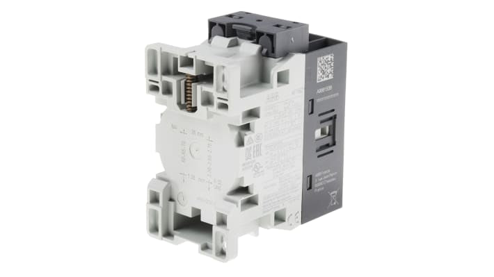 Contattore ABB 1SBL176001R2110, serie AF, 3 poli, 3 contatti NA, montaggio su guida DIN, dimensioni 86 x 45 x 77 mm.