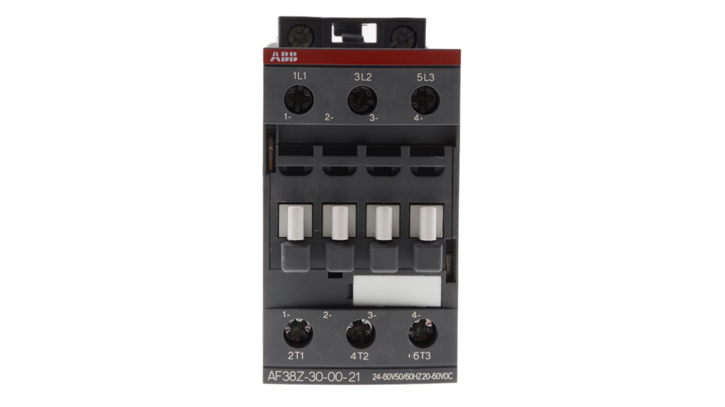 Contattore ABB 1SBL296001R2100 AF38Z-30-00-21, 3 poli, 24 A, 24 V, dimensioni 86x45x86 mm, conforme a IEC 60947.