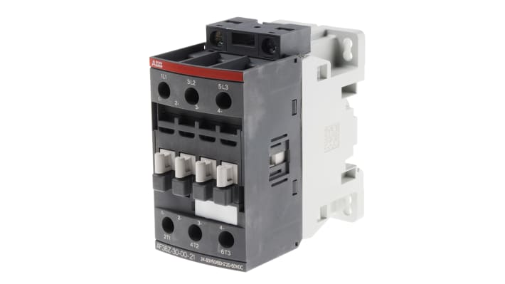 Contattore ABB 1SBL296001R2100 AF38Z-30-00-21, 3 poli, 24 A, 24 V, dimensioni 86x45x86 mm, conforme a IEC 60947.