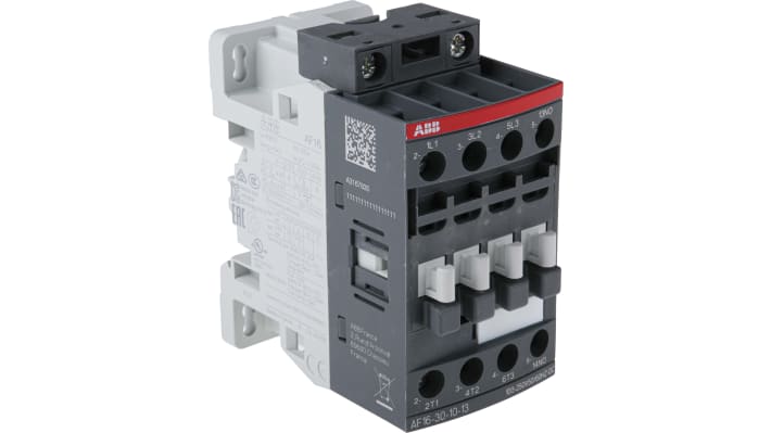 Contattore ABB 1SBL177001R1310 AF16-30-10-13, 3 poli, 30 A, 690 V, montaggio su guida DIN, dimensioni 45x80x77 mm.