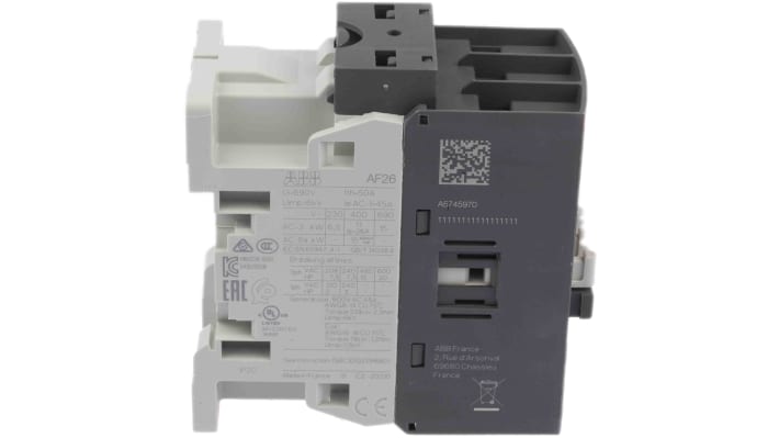 Contattore ABB 1SBL237001R1300, 3 poli, 45 A, montaggio su guida DIN, dimensioni 45 x 86 x 86 mm, bobina 230 V.
