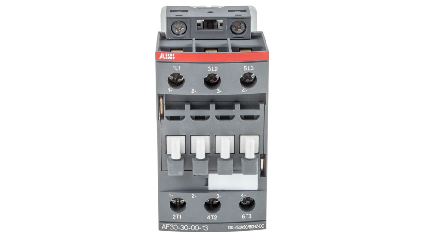 Contattore ABB 1SBL277001R1300 AF, 3 poli, 21 A, 230 V cc, montaggio su guida DIN, dimensioni 86 x 45 x 86 mm.
