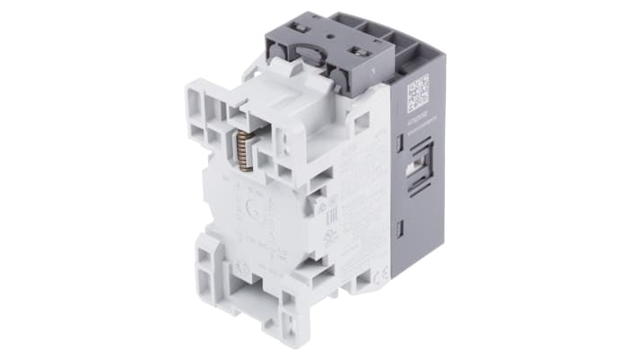 Contattore ABB 1SBL137001R1410 AF09-30-10-14, 3 poli 3NO, 7 A, 690 V, montaggio su guida DIN, dimensioni 86 x 45 x 77 mm.
