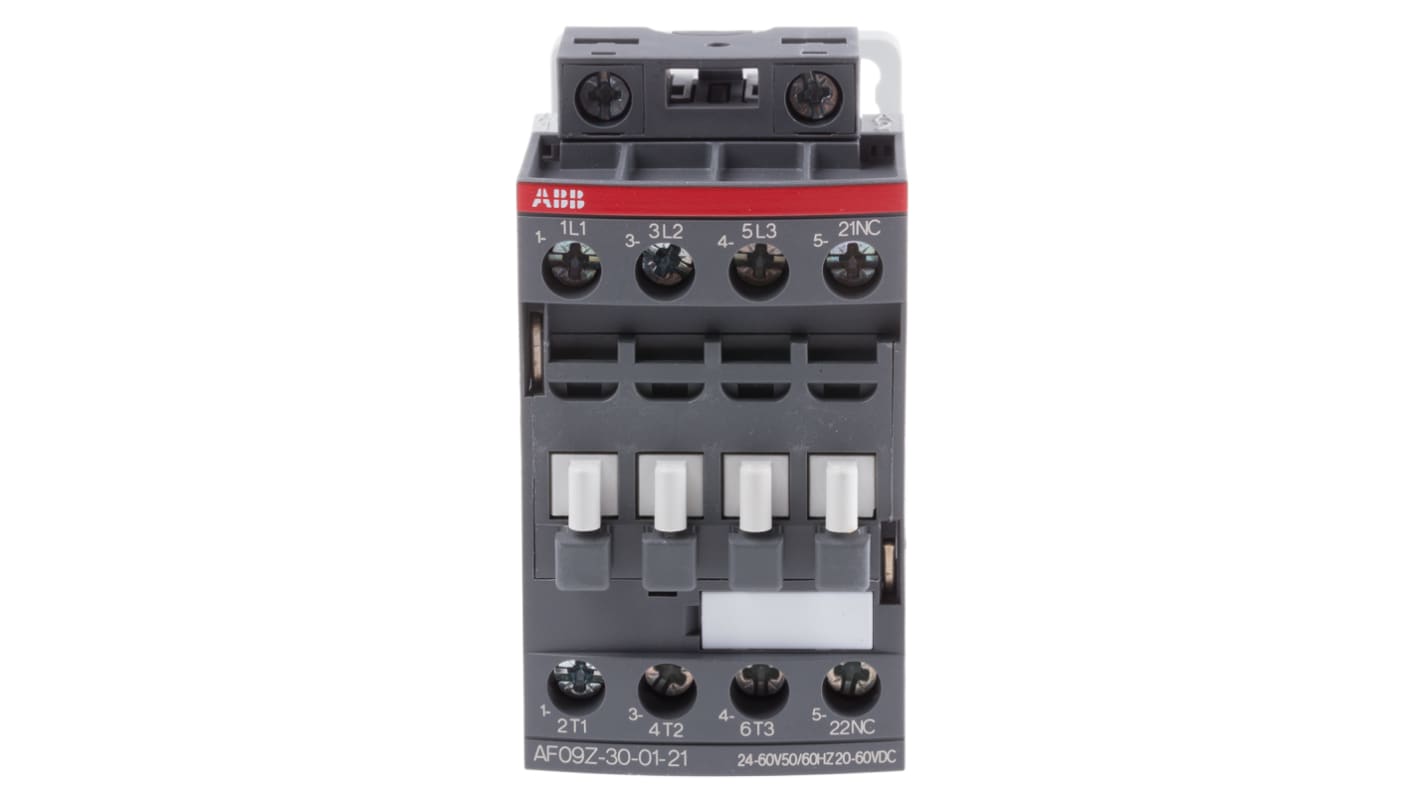 Contattore ABB 1SBL136001R2101 AF09Z-30-01-21, 3 poli, 3 NA, 7 A, 60 V c.c., dimensioni 45x80x77 mm.