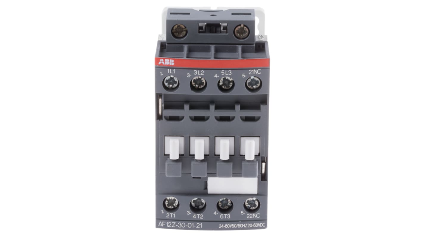 Contattore ABB 1SBL156001R2101 AF12Z-30-01-21, 3 poli, 9 A, bobina 60 V c.c., dimensioni 80x45x77 mm.