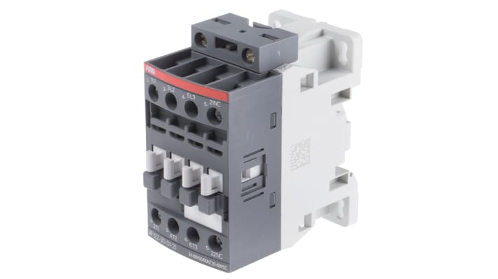 Contattore ABB 1SBL156001R2101 AF12Z-30-01-21, 3 poli, 9 A, bobina 60 V c.c., dimensioni 80x45x77 mm.