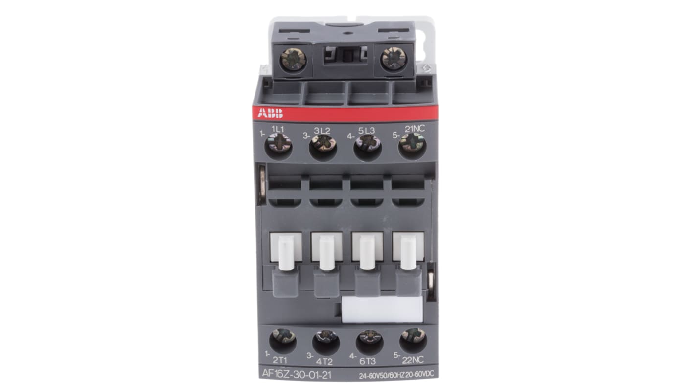 Contattore ABB 1SBL176001R2101 AF, 3 poli, 3 NA, 10,5 A, bobina 60 V c.c., dimensioni 45x80x77 mm.