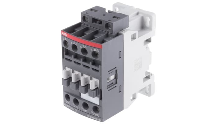 Contattore ABB 1SBL137001R1201 AF09-30-01-12, 3 poli, 7 A, bobina 110 V c.c., montaggio su guida DIN, dimensioni 86 x 77 x 45 mm.