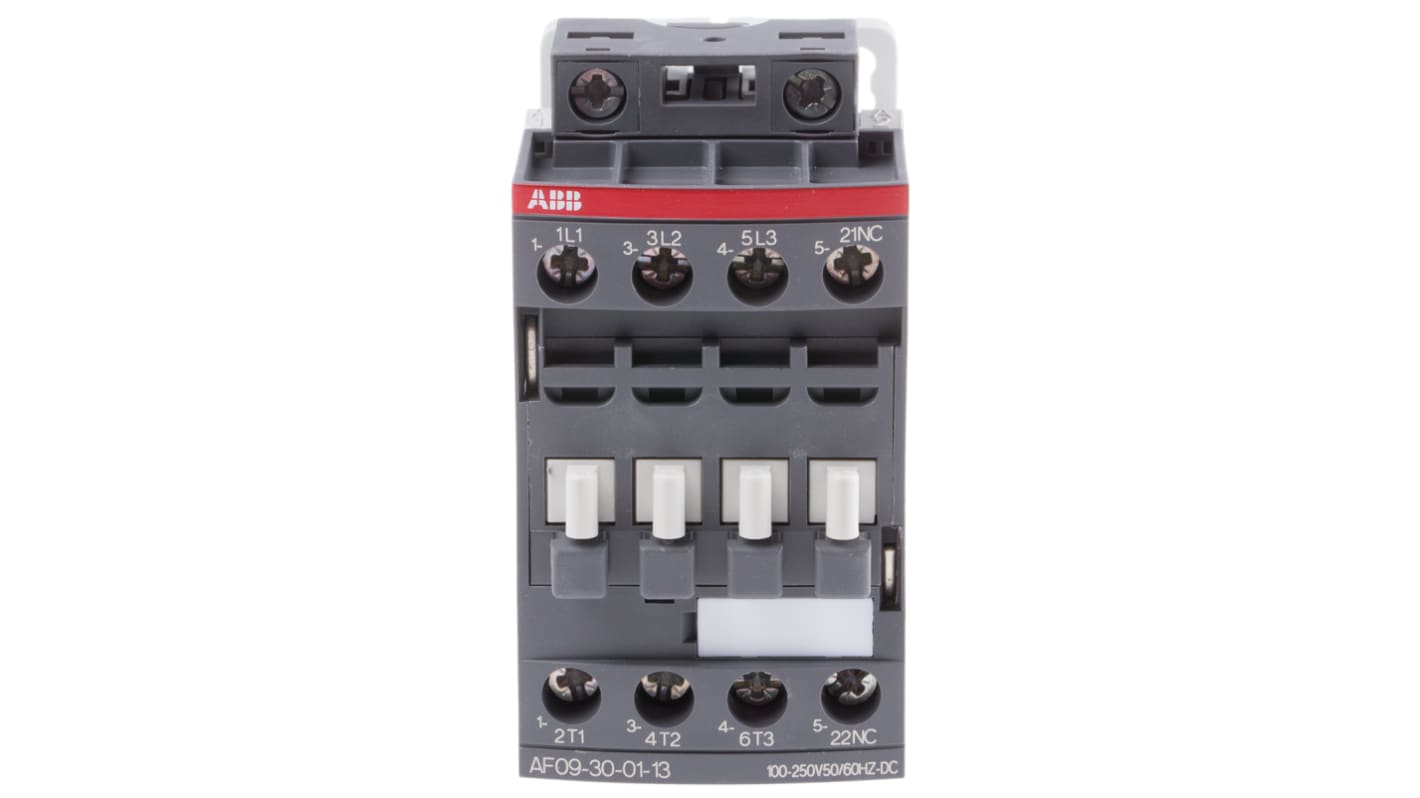 Contattore ABB 1SBL137001R1301 AF09-30-01-13, 3 poli 3NO, 9 A, montaggio su guida DIN, dimensioni 45 x 77 x 86 mm.