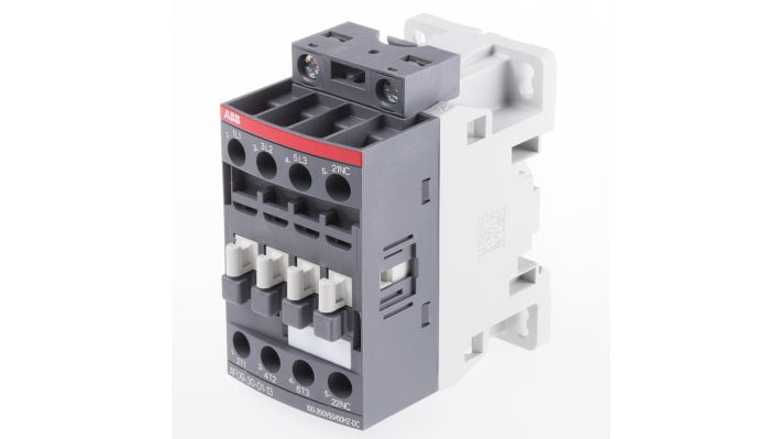 Contattore ABB 1SBL137001R1301 AF09-30-01-13, 3 poli 3NO, 9 A, montaggio su guida DIN, dimensioni 45 x 77 x 86 mm.