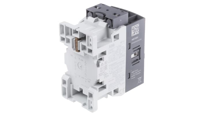 Contattore ABB 1SBL157001R1301, 3 poli, 9 A, 230 V ca, dimensioni 80 x 45 x 77 mm, con 1 contatto ausiliario.
