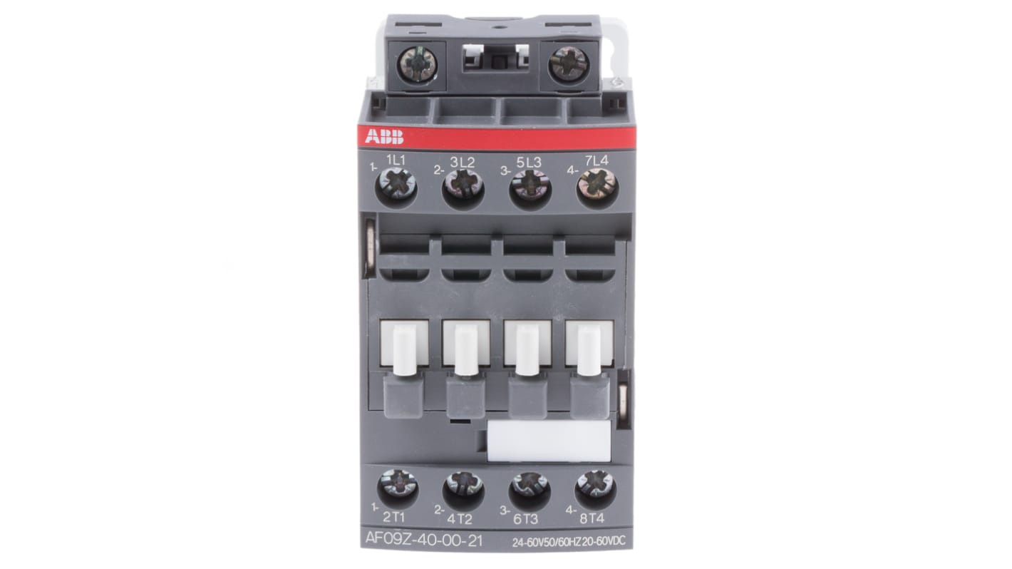 Contattore ABB 1SBL136201R2100 AF, 4 poli, 7 A, bobina 24 V, dimensioni 45x86x77 mm, protezione transitori.