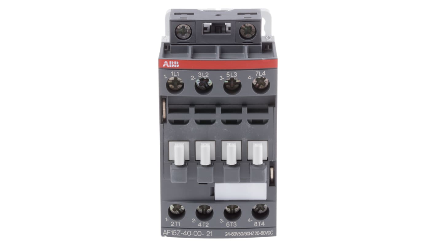 Contattore ABB 1SBL176201R2100 AF, 4 poli, corrente 10,5 A, tensione bobina 24 V, dimensioni 86x45x77 mm.