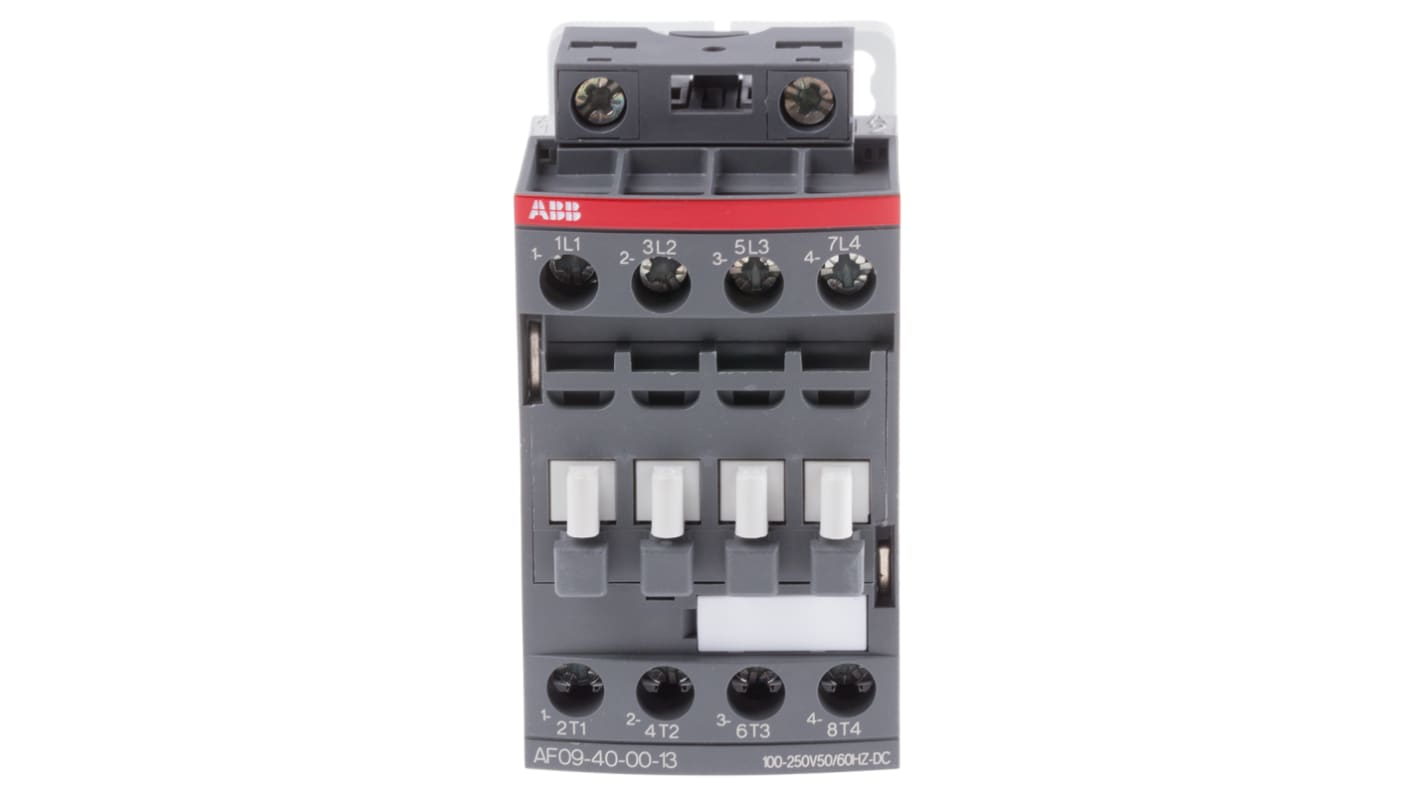 Contattore ABB 1SBL137201R1300 AF, 4 poli, 25 A, bobina 230 V, dimensioni 80x45x77 mm, grado di protezione IP20.