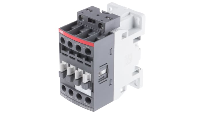 Contattore ABB 1SBL137201R1300 AF, 4 poli, 25 A, bobina 230 V, dimensioni 80x45x77 mm, grado di protezione IP20.
