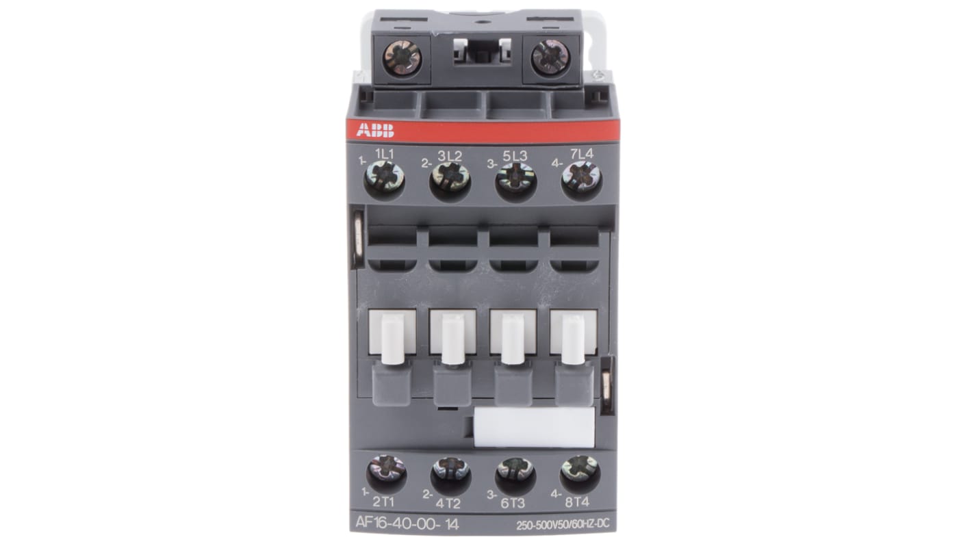 Contattore ABB 1SBL177201R1400 AF16-40-00-14, 4 poli 4NO, 30 A, bobina 250-500 V, dimensioni 80x45x77 mm.