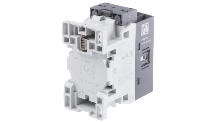 Contattore ABB 1SBL177501R1300 AF, 4 poli, 30 A, bobina 230 V, dimensioni 80x45x77 mm, protezione transitori.