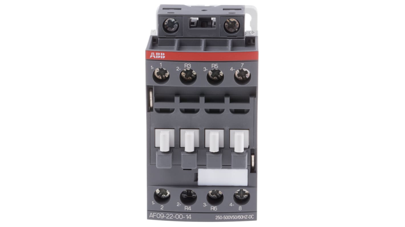 Contattore ABB 1SBL137501R1400, serie AF, 4 poli, 2 NO + 2 NC, 25 A, bobina 250-500 V, dimensioni 45x80x77 mm.