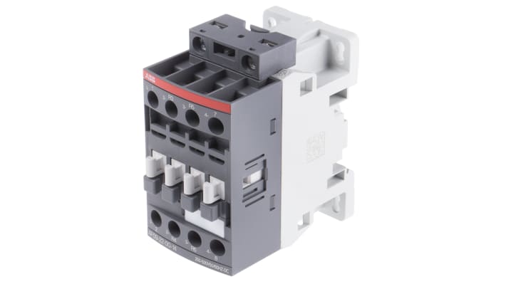 Contattore ABB 1SBL137501R1400, serie AF, 4 poli, 2 NO + 2 NC, 25 A, bobina 250-500 V, dimensioni 45x80x77 mm.