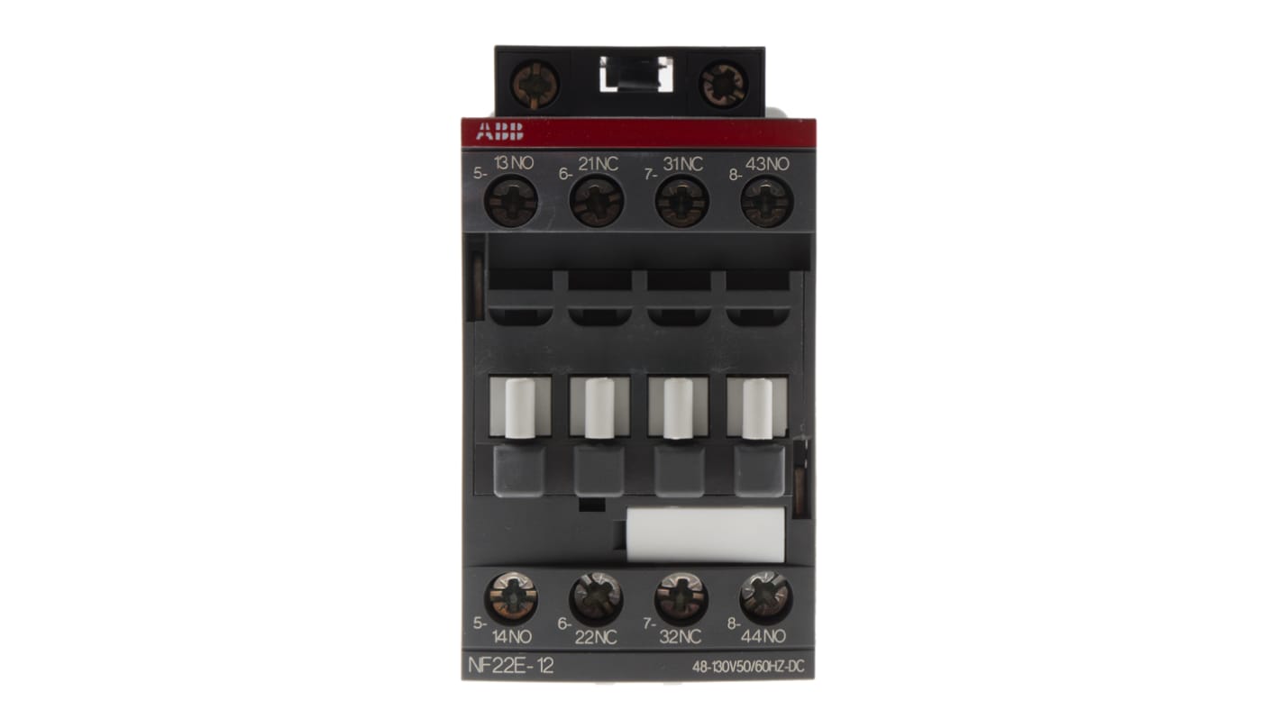 Relè contattore ABB 1SBH137001R1222 NF22E-12, 4 poli, 2 NO + 2 NC, bobina 110 V c.a., dimensioni 45x80x77 mm.