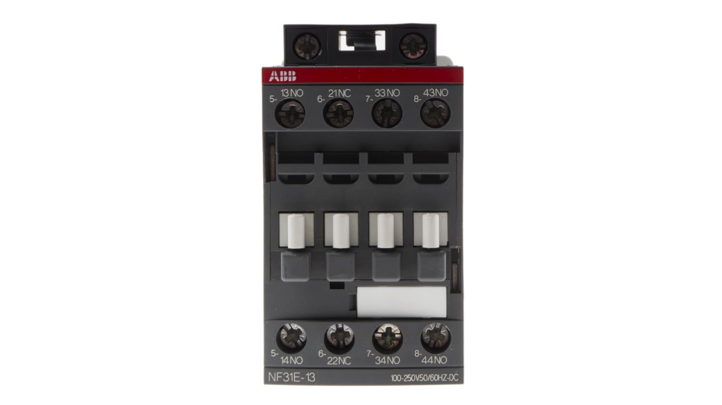 Relè contattore ABB 1SBH137001R1331 NF31E-13, 4 poli, 3NO + 1NC, 6 A, bobina 230 V, dimensioni 80x45x77 mm.