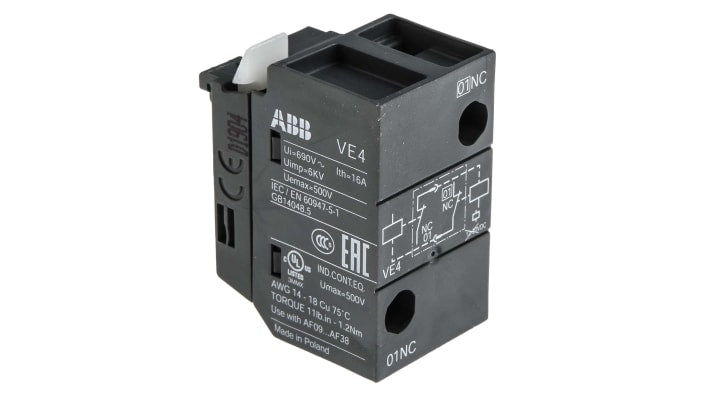 Interblocco contattore ABB 1SBN030111R1000 VEM4, DPST, 690 V, IP20, per serie AF09 e AF16, peso 350 g. Accessori inclusi.
