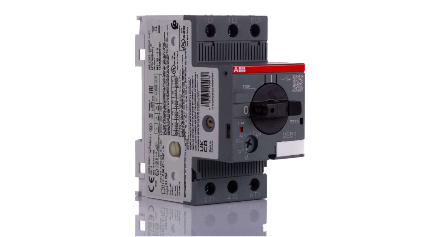 Interruttore automatico del motore ABB 1SAM350000R1007 MS132-2.5, 3 poli, corrente 1,6-2,5 A, montaggio su guide DIN, dimensioni 90x45x81,25 mm.