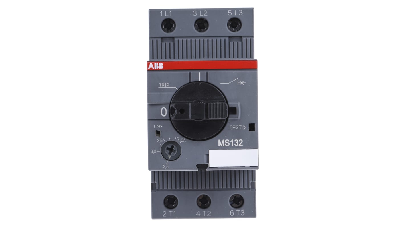Interruttore automatico motore ABB 1SAM350000R1008 MS132-4.0, 3 poli, corrente 2,5-4 A, dimensioni 45x90x81,25 mm.