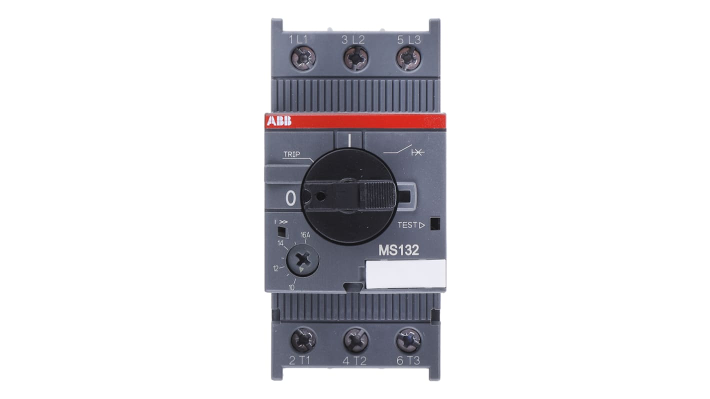 Interruttore automatico del motore ABB 1SAM350000R1011 MS132-16, 3 poli, corrente 10-16 A, montaggio su guida DIN, dimensioni 97,8x45x81,05 mm.