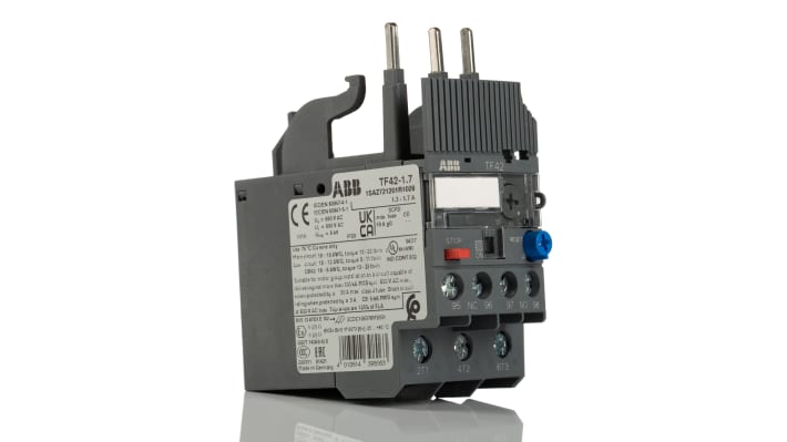 Relè di sovraccarico termico ABB 1SAZ721201R1028 TF42-1.7, 3 poli, 1,7 A, tensione 690 V, dimensioni 88,3 x 45 x 70,5 mm.