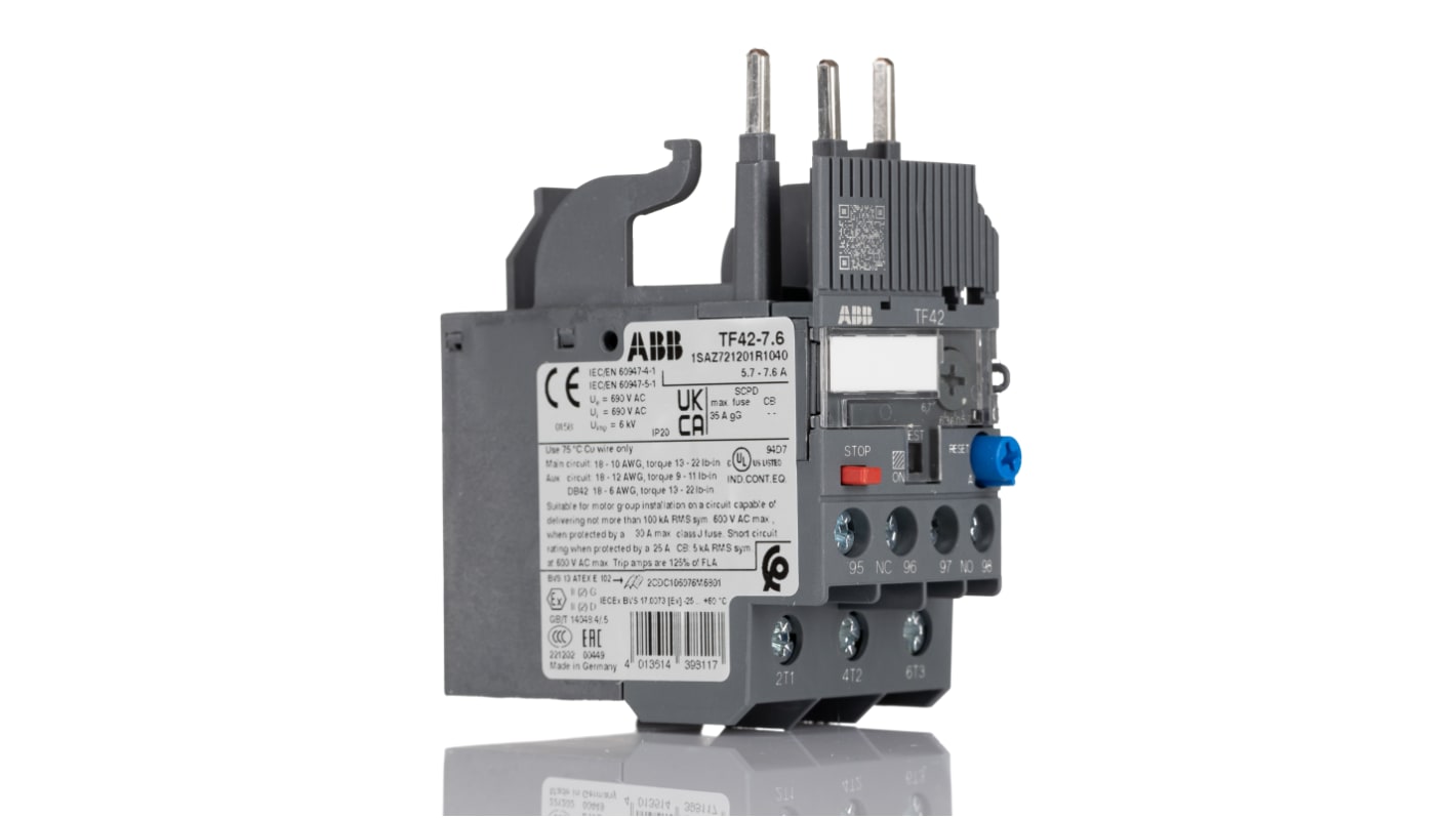 Relè di sovraccarico termico ABB 1SAZ721201R1040 TF42-7.6, 1 NO + 1 NC, carico 5,7 a 7,6 A, dimensioni 45x70,5x88,3 mm.