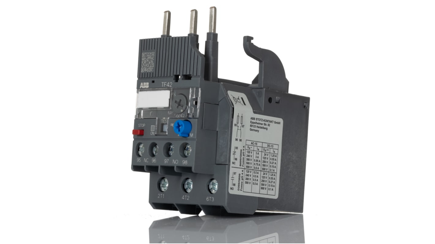 Relè di sovraccarico termico ABB 1SAZ721201R1038 TF42-5.7, 3 poli, 5,7 A, montaggio diretto, dimensioni 45x88,3x70,5 mm.