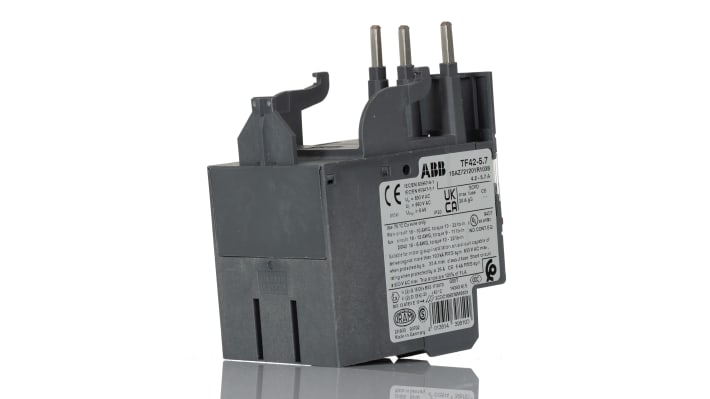 Relè di sovraccarico termico ABB 1SAZ721201R1038 TF42-5.7, 3 poli, 5,7 A, montaggio diretto, dimensioni 45x88,3x70,5 mm.