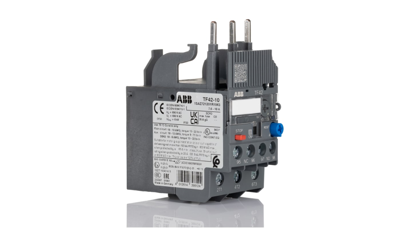 Relè di sovraccarico termico ABB 1SAZ721201R1043 TF42-10, 10 A, 690 V, montaggio su contattore AF, dimensioni 45 x 88,3 x 70,5 mm.