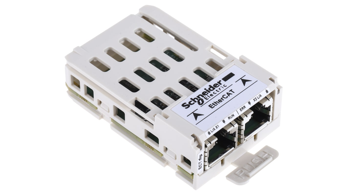 Scheda EtherCAT VW3A3601 di Schneider Electric per ATV32, con connettori RJ45 e LED per monitoraggio stato.