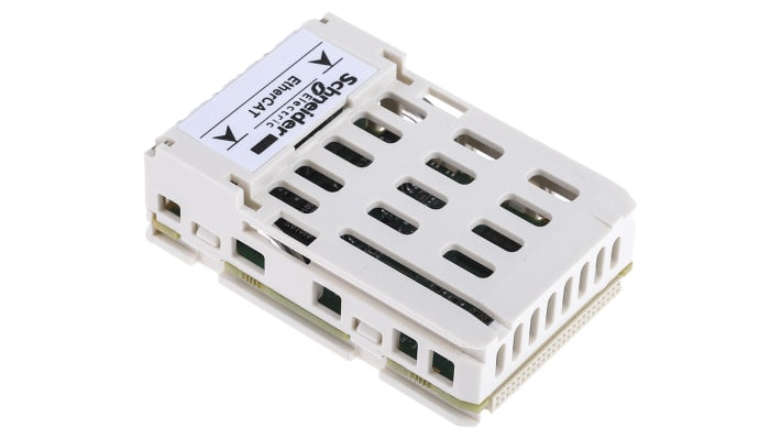 Scheda EtherCAT VW3A3601 di Schneider Electric per ATV32, con connettori RJ45 e LED per monitoraggio stato.