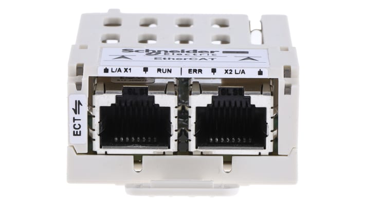 Scheda EtherCAT VW3A3601 di Schneider Electric per ATV32, con connettori RJ45 e LED per monitoraggio stato.