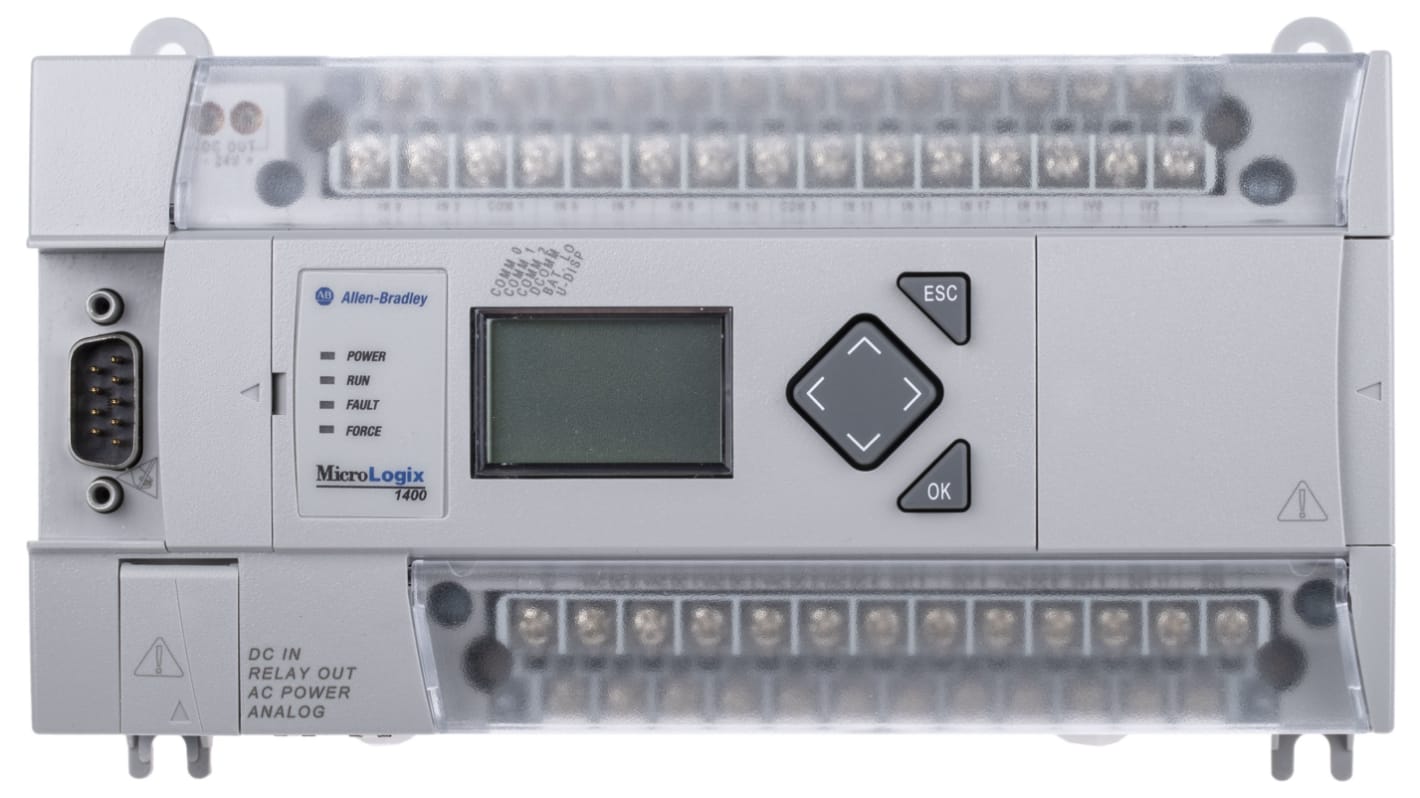 Modulo I/O PLC Allen Bradley 1766-L32BWAA, 12 ingressi digitali, 8 uscite relè, montaggio su guida DIN, dimensioni 87 x 180 x 90 mm.