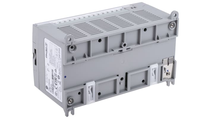 Modulo I/O PLC Allen Bradley 1766-L32BWAA, 12 ingressi digitali, 8 uscite relè, montaggio su guida DIN, dimensioni 87 x 180 x 90 mm.