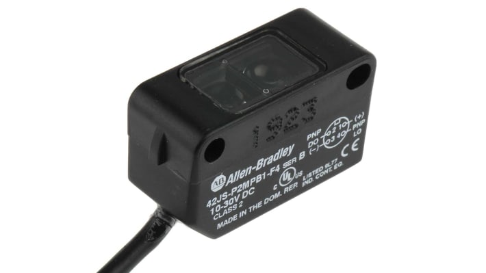 Allen Bradley 42JS-P2MPB1-F4, sensore fotoelettrico rettangolare a retroriflessione, rilevamento 25 mm a 3,5 m, IP67, uscita PNP.