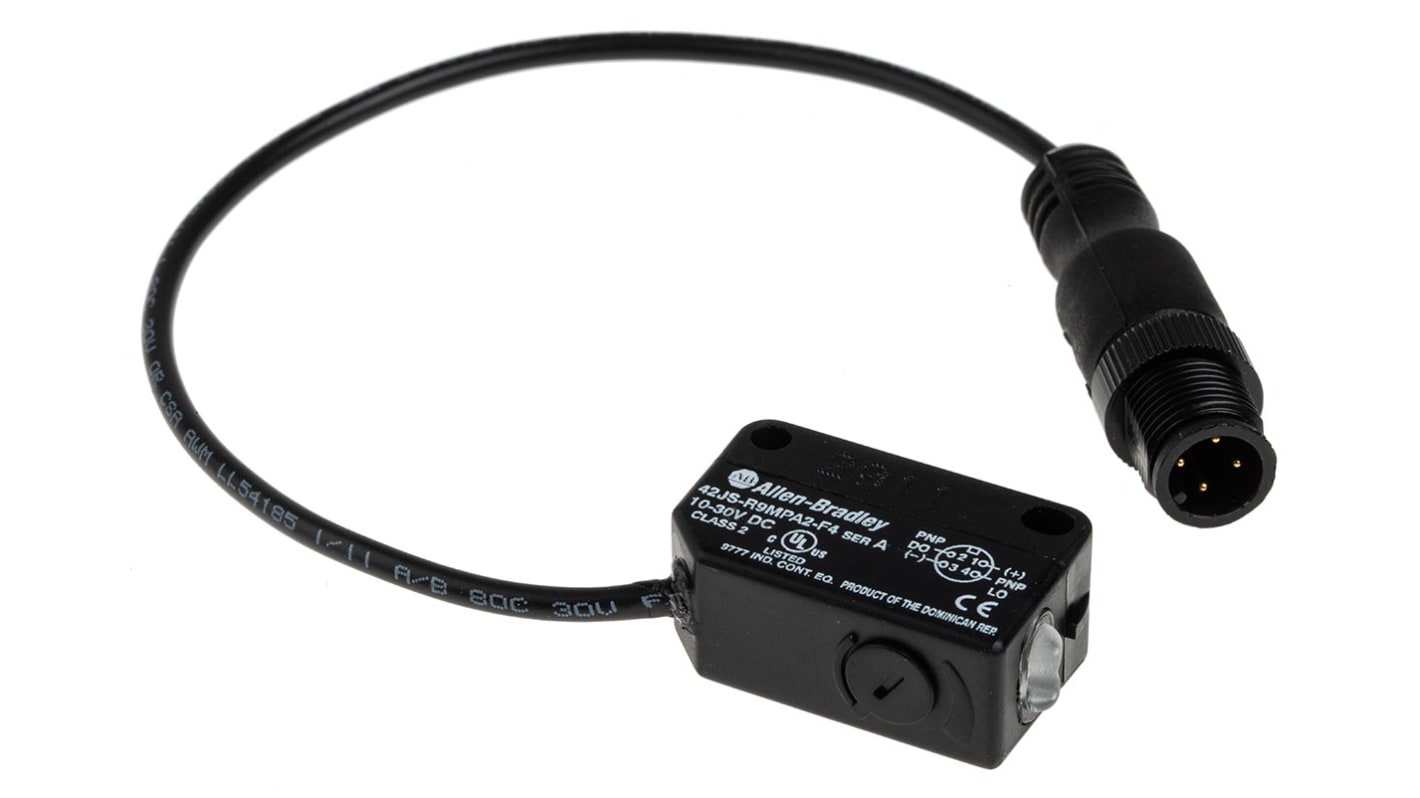 Allen Bradley 42JS-R9MPA2-F4, sensore fotoelettrico rettangolare con rilevamento fino a 10 m, uscita PNP e grado di protezione IP67.