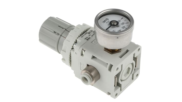 Regolatore di vuoto SMC IRV10-C06BG, portata 140 L/min, attacco M6, intervallo temperatura +5 °C a +60 °C, design compatto.