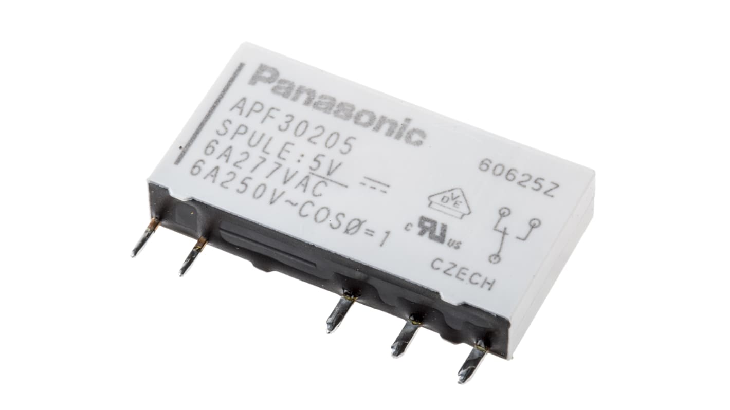 Relè di potenza Panasonic SPDT per montaggio su PCB, bobina 5V cc, dimensioni 28mm x 15mm x 5mm, corrente 6A.