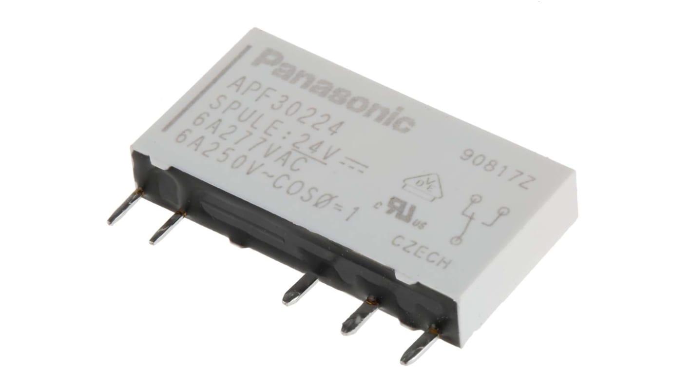 Relè di potenza Panasonic SPDT, 24V cc, montaggio su PCB, dimensioni 28mm x 15mm x 5mm, corrente 6A.