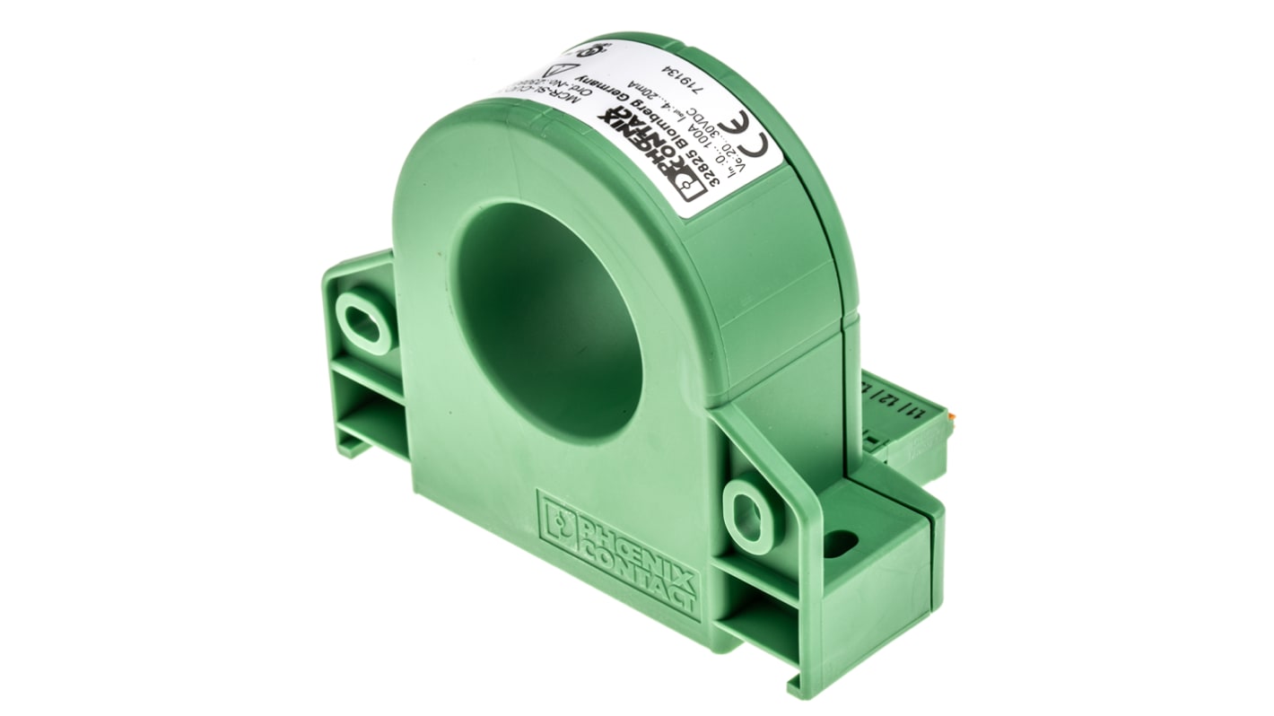 Trasformatore di corrente Phoenix Contact 2308027, 100A, uscita 4-20 mA, montaggio su guida DIN, dimensioni 85 x 90 x 33,8 mm.
