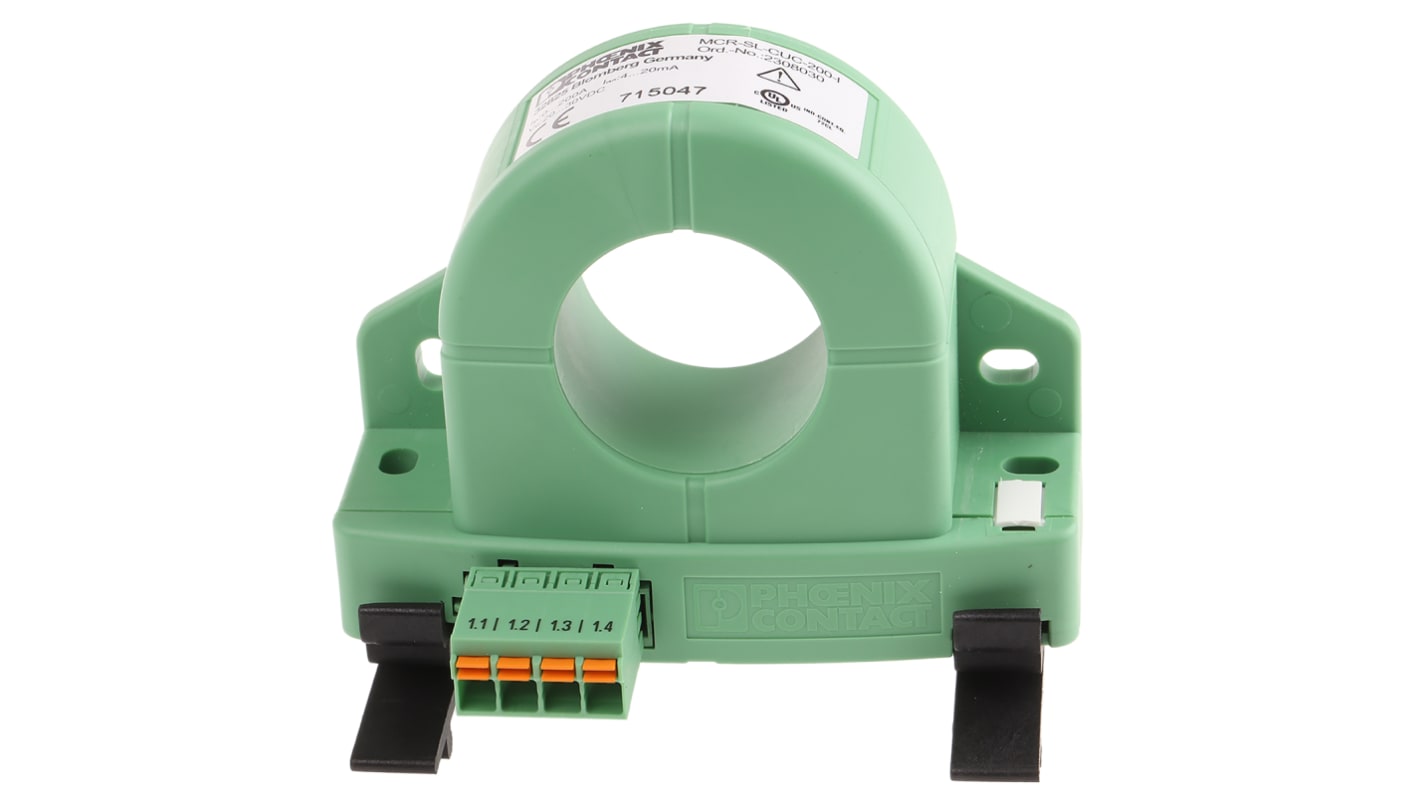 Trasformatore di corrente Phoenix Contact 2308030, 200A in 4-20 mA, 200:1, guida DIN, ideale per inverter solari.